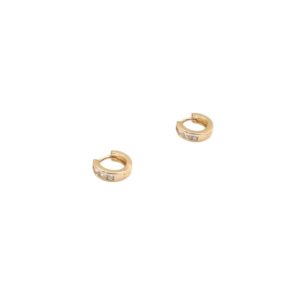 Gold filled mini baguette huggie earrings with embedded stones and a sleek minimalist design
