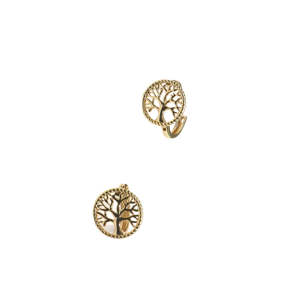 Gold filled Tree of Life huggie earrings with intricate tree design and braided edge detail