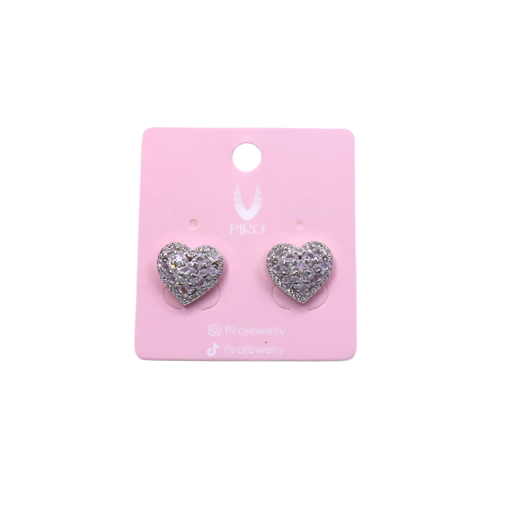 Heart-shaped Baguette Love earrings with sparkling crystals on pink display card