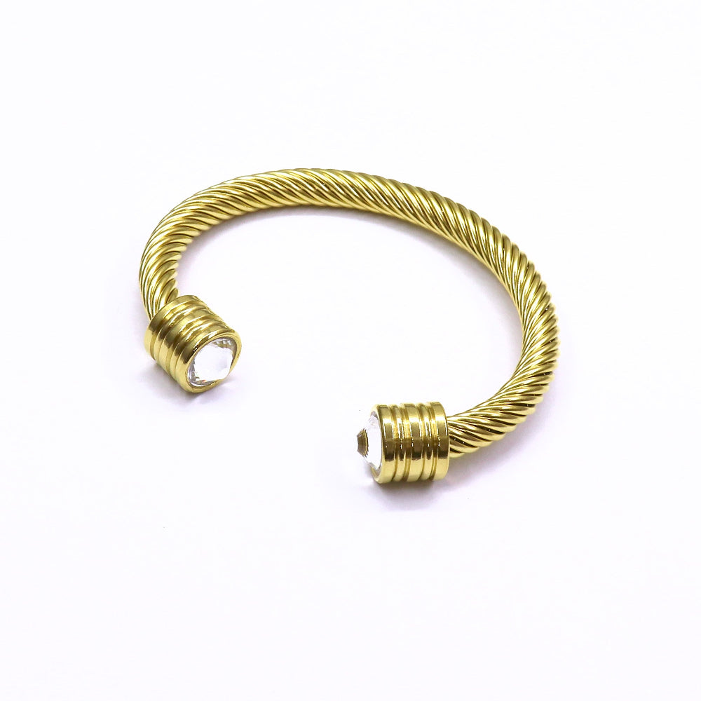 Gold stainless steel CRYSTAL CHUNKY CABLE bangle with crystal accents on open ends