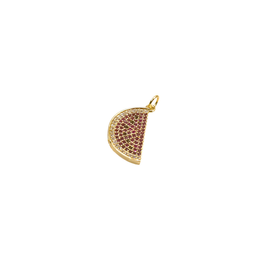 Gold-filled Sandia Charm pendant with red stones in a half-moon shape for elegant style