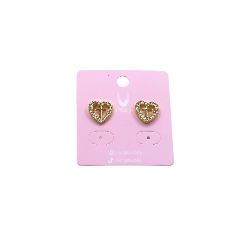 Gold-filled heart-shaped stud earrings with cross design and rhinestone accents on pink backing card