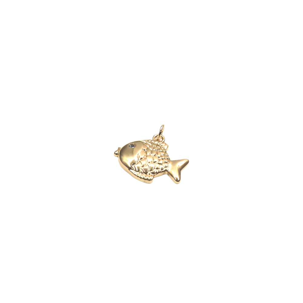 Gold filled balloon fish charm with delicate detailed design isolated on white background