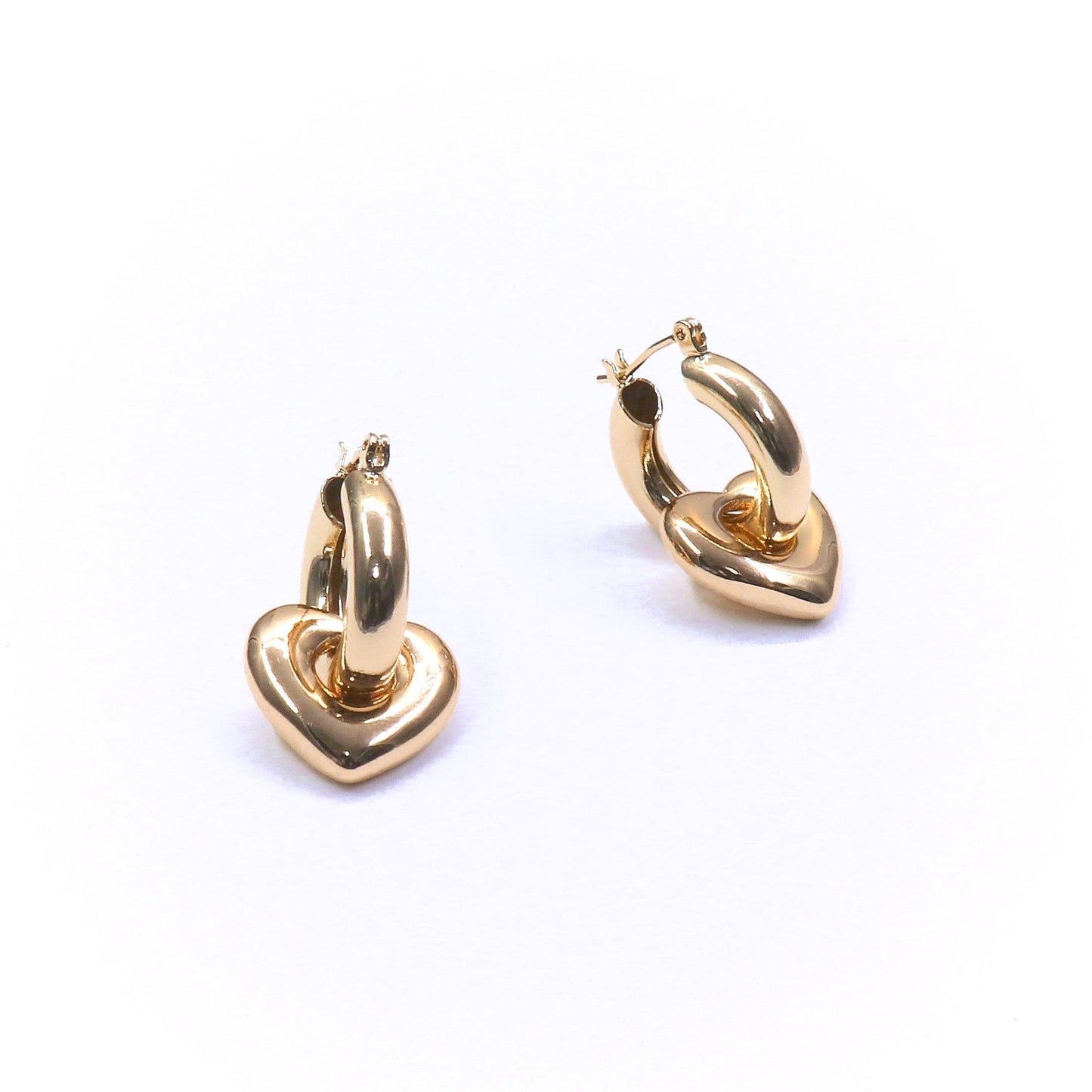 Gold filled CHUNKY LOVE HOOP earrings with heart-shaped pendants