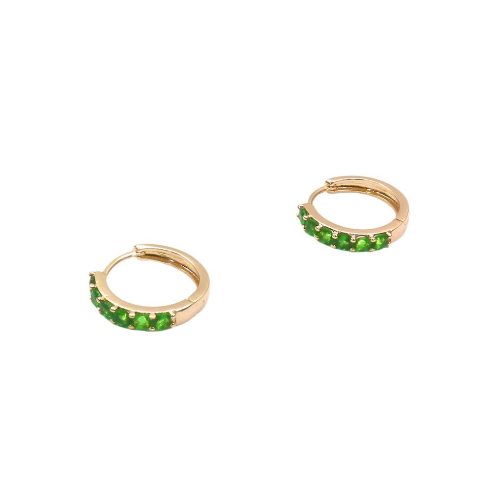 Gold-filled huggie earrings with green stones, sleek and elegant design
