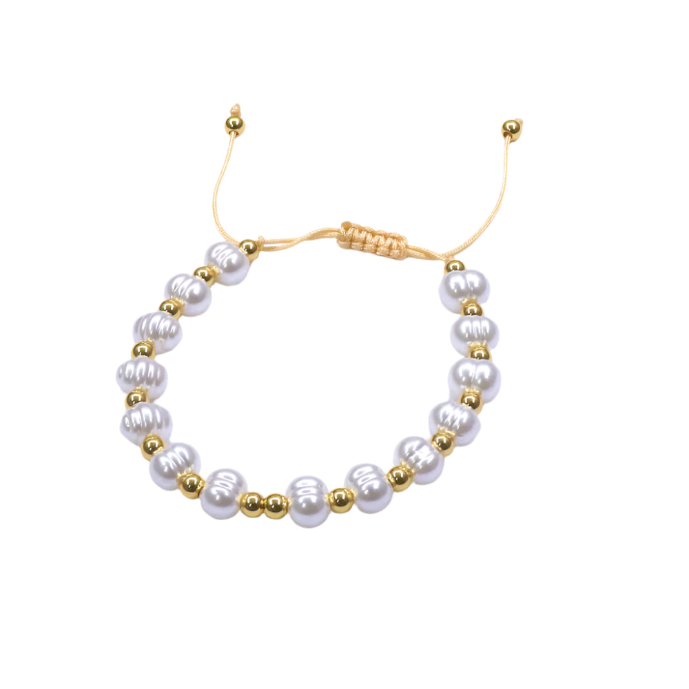 Gold filled slider bracelet with river pearls and adjustable cord closure
