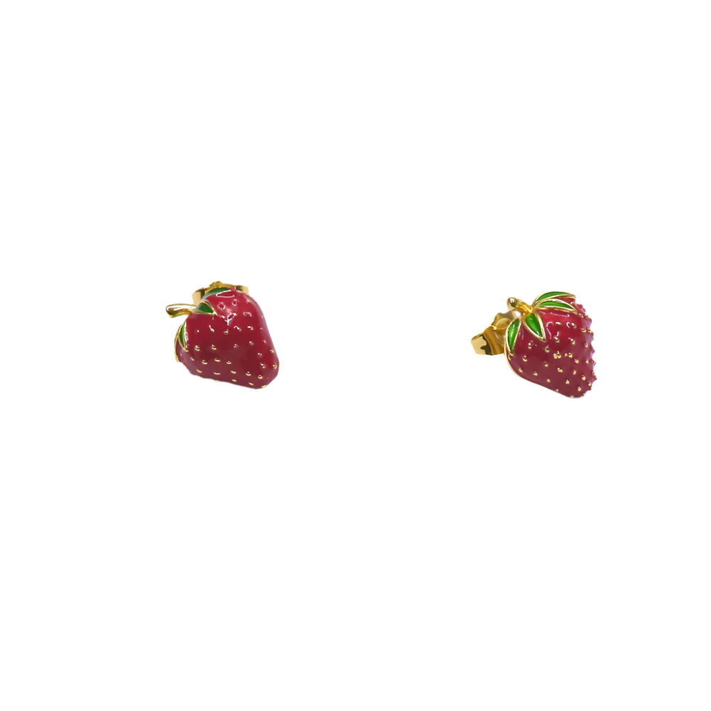 Gold filled Strawberry EarringStrawberry Earring-shaped stud earrings with red and green enamel detailing