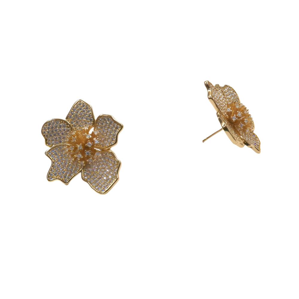 Gold filled pave crystal floral stud earrings with delicate luxury design