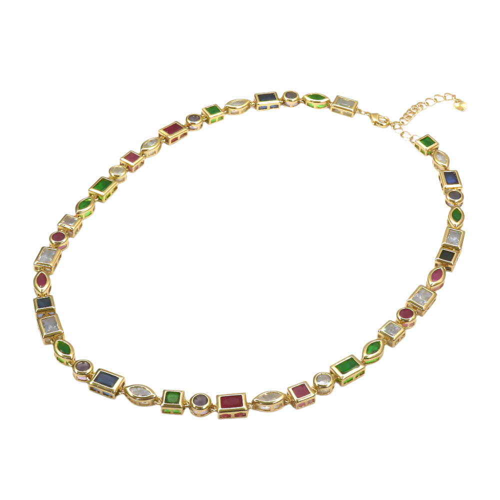 Rainbow Collar Gold filled necklace with multicolored rectangular and oval gemstones in a rainbow design