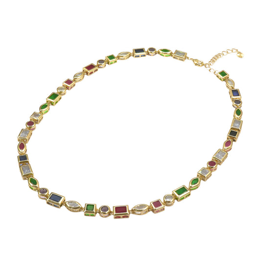 Rainbow Collar Gold filled necklace with multicolored rectangular and oval gemstones in a rainbow design