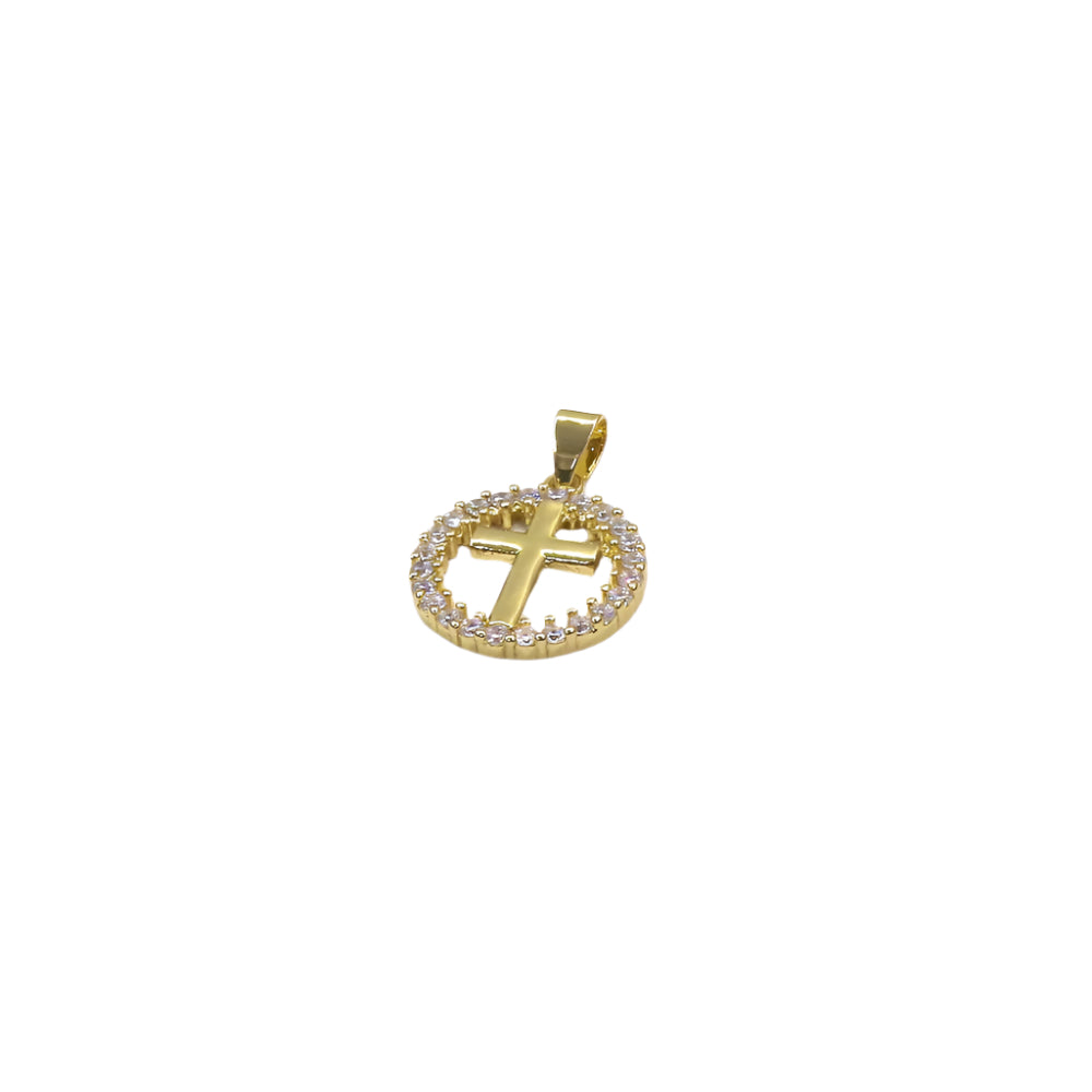 Gold filled pave circle cross charm with delicate diamond accents
