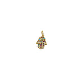 Gold Hamsa hand charm with colorful stones on a white background