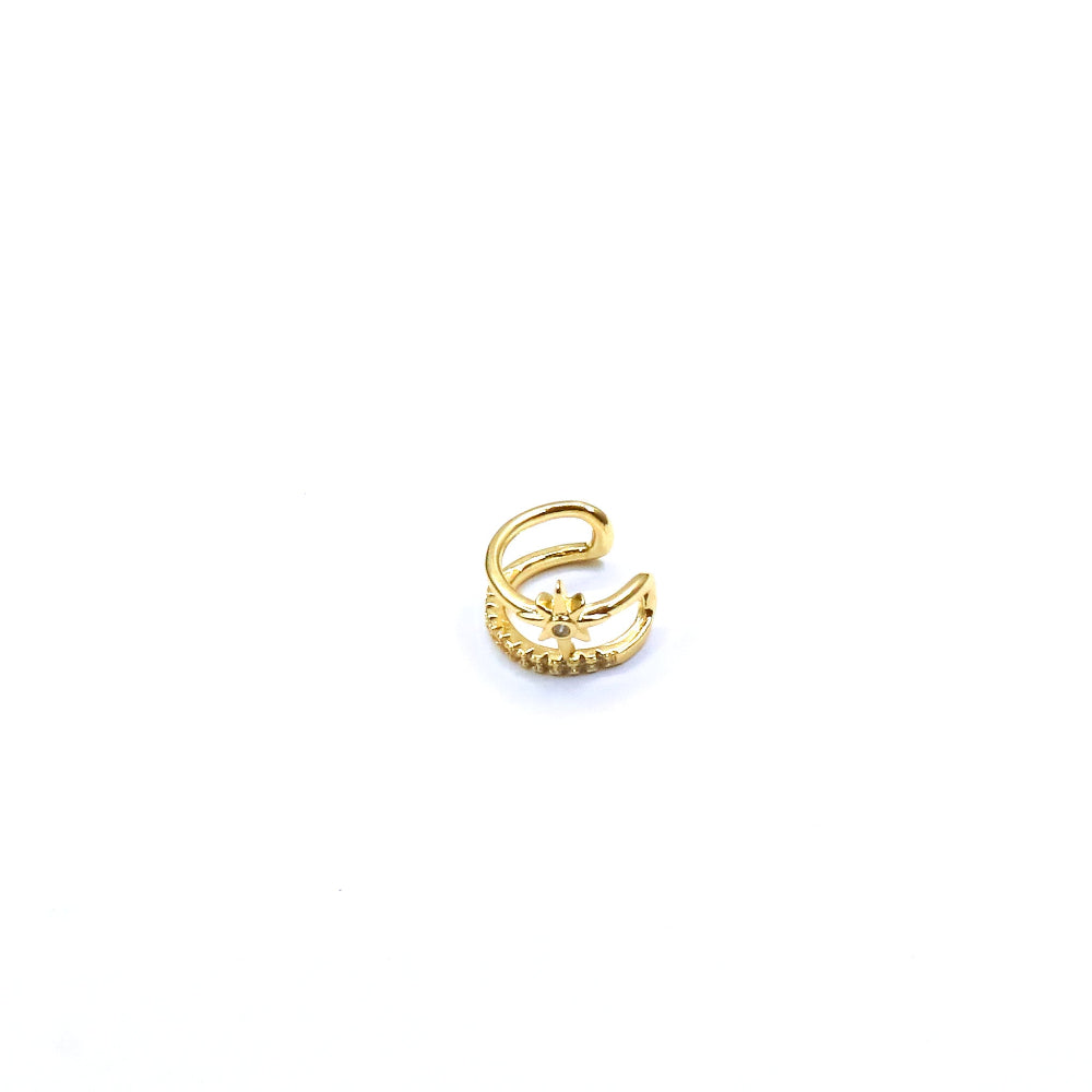 Close-up of an ear wearing gold earrings with a blurred background