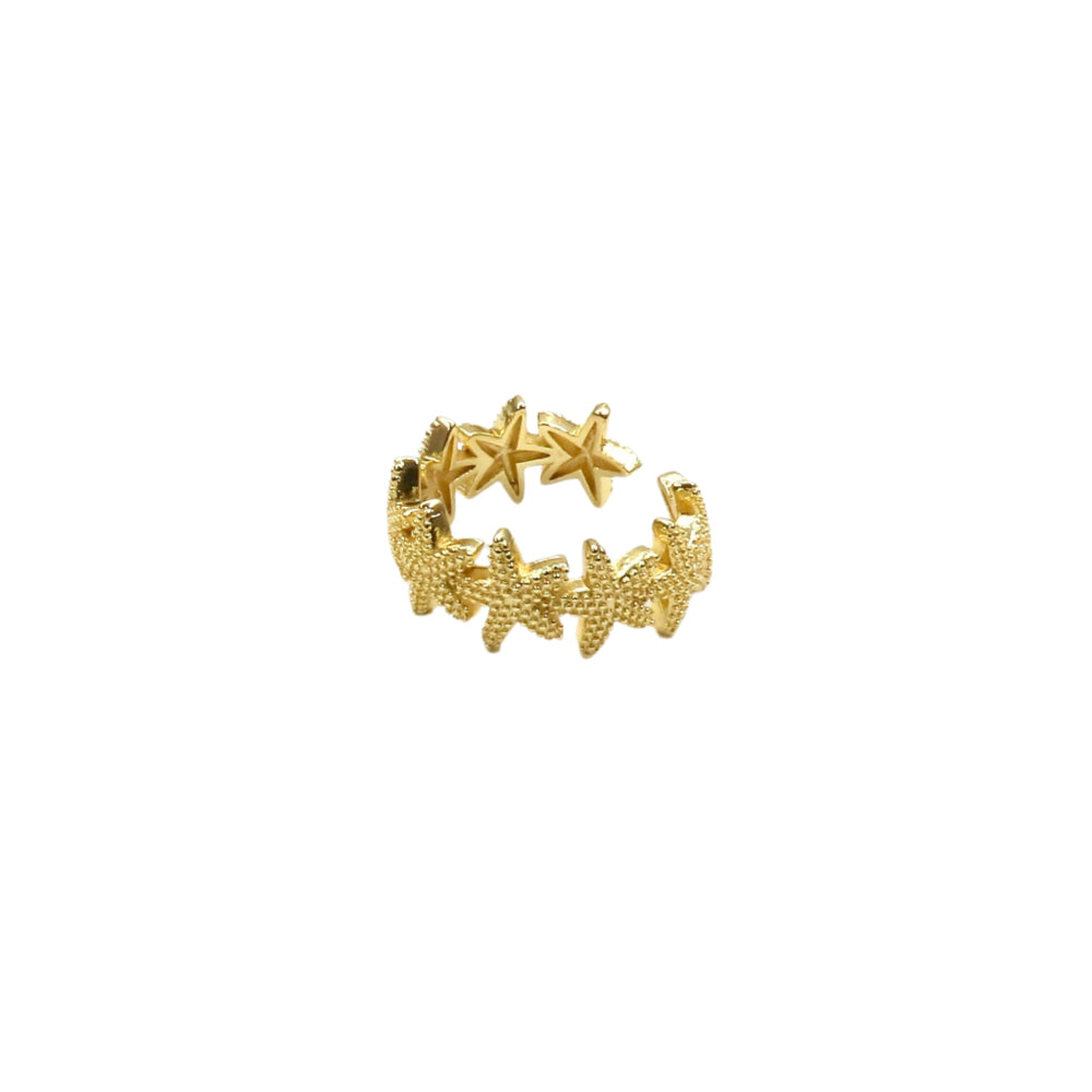 Gold ring with star designs on a white background