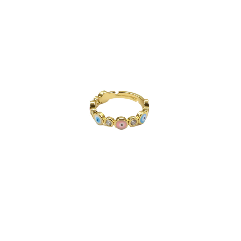 Gold ring with colorful gemstones on a white background
