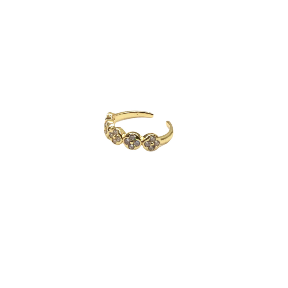 Gold-filled adjustable clover ring with CLEAR PAVE CLOVER stones in delicate design