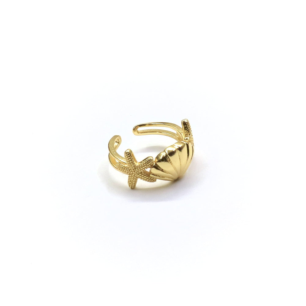 Gold ring with shell design on a white background