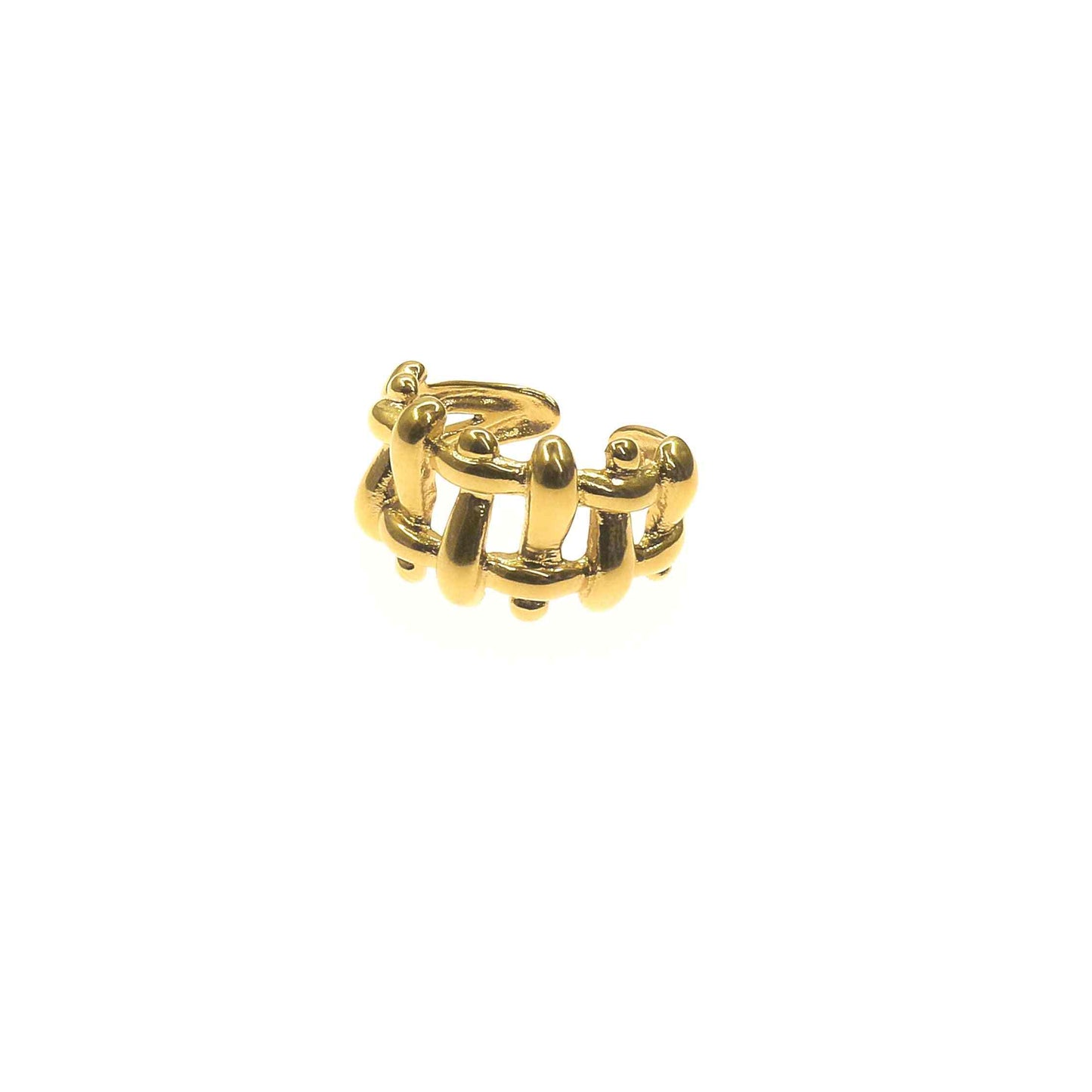 Adjustable stylish Tissue Gold Ring with a unique linked design on a white background