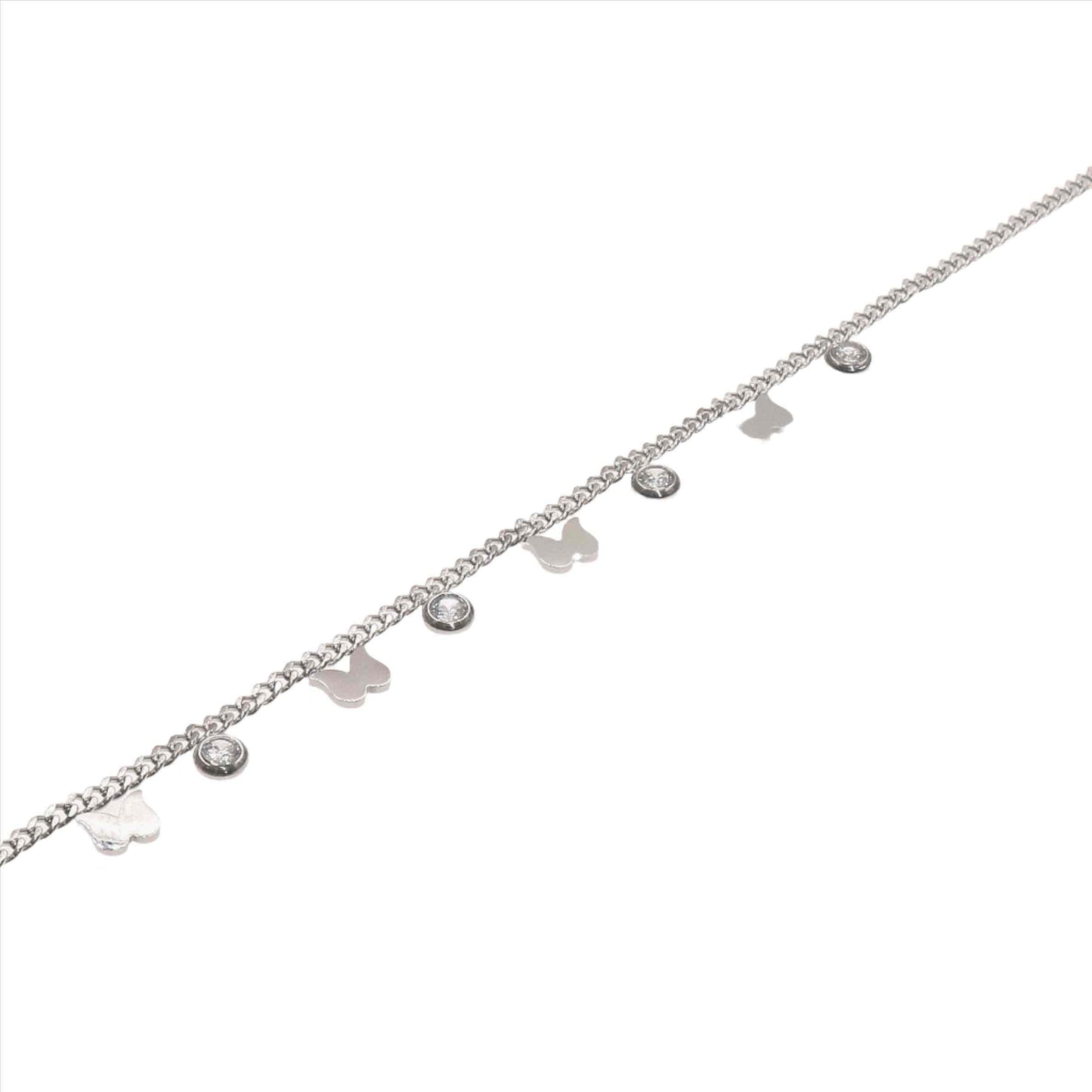 Silver butterfly anklet with delicate butterfly charms and small round accents on a fine chain