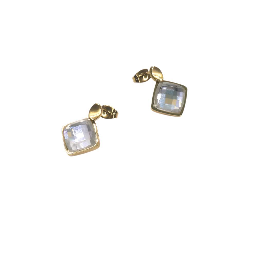 Elegant glass earrings with vibrant, reflective stones and gold accents.