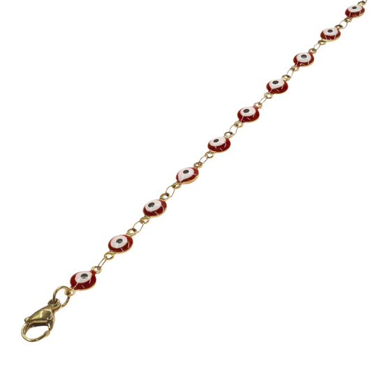 EYE GOLD ANKLET with intricate red eye designs on a gold chain.