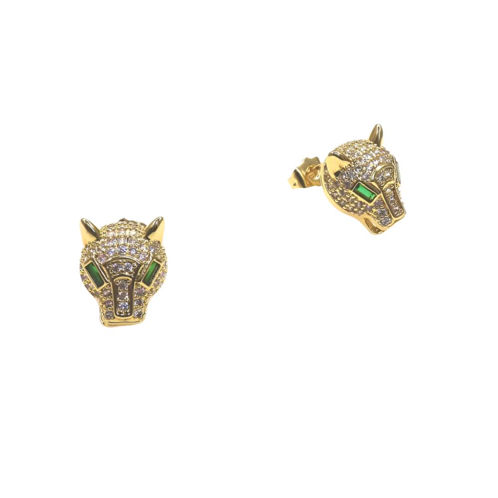 Gold panther stud earrings with green gemstone eyes and clear crystals, hypoallergenic and stylish.