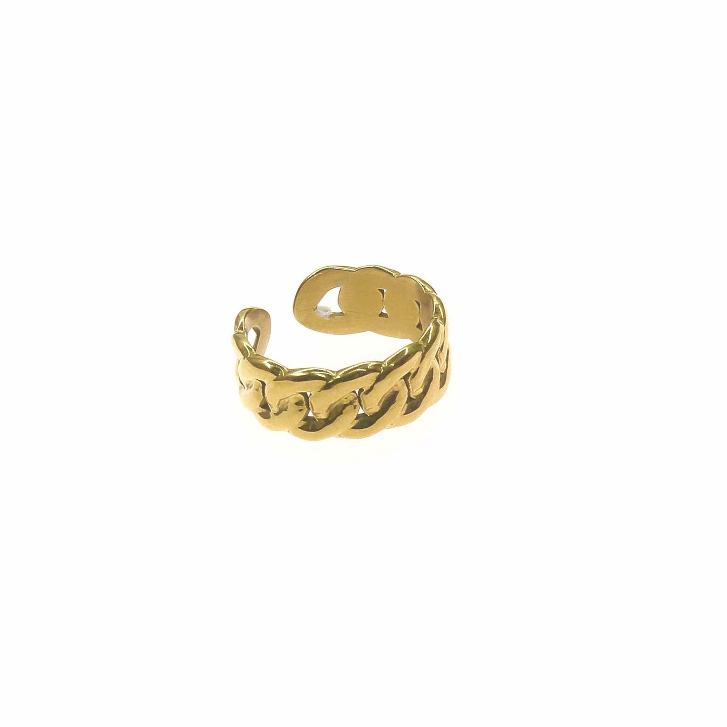 Braided gold ring with intricate design and elegant style.