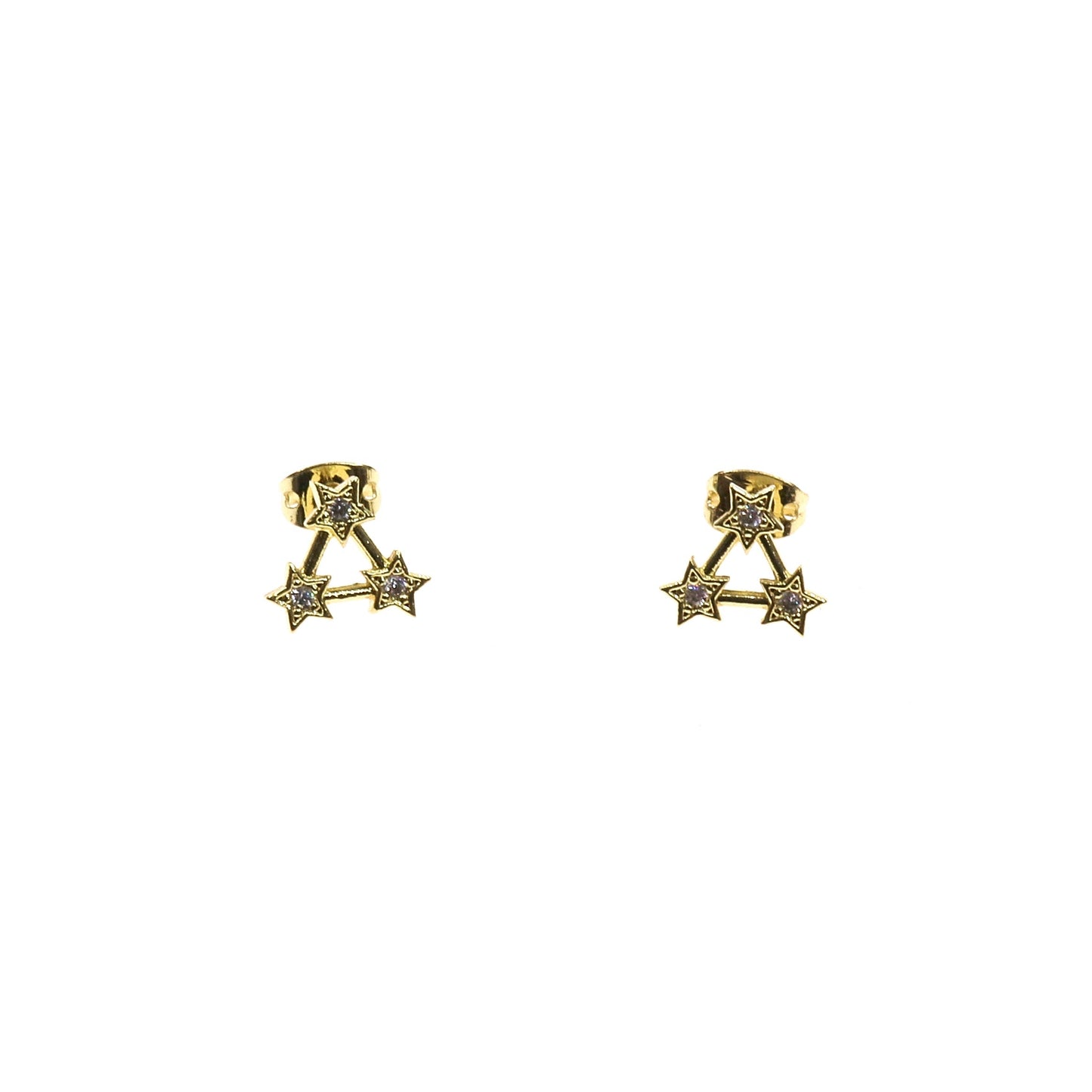 Gold filled 3 stars stud earrings with small diamond accents, elegant and timeless jewelry