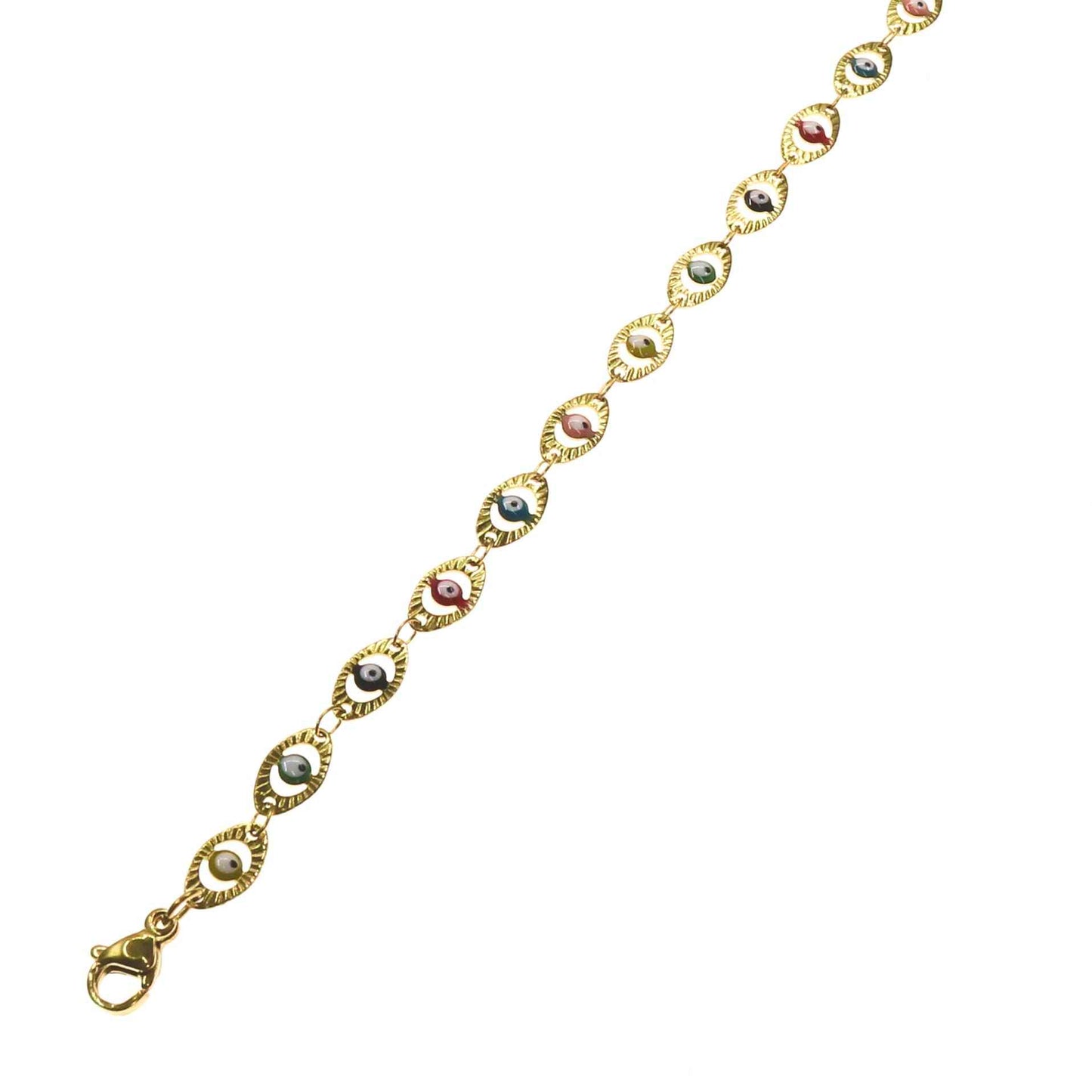 Gold Amina anklet with multi-colored eye charms and lobster clasp, 11 inches long