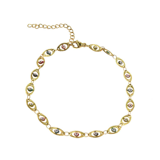 Gold Amina Anklet with multi-colored eye charms and adjustable chain clasp