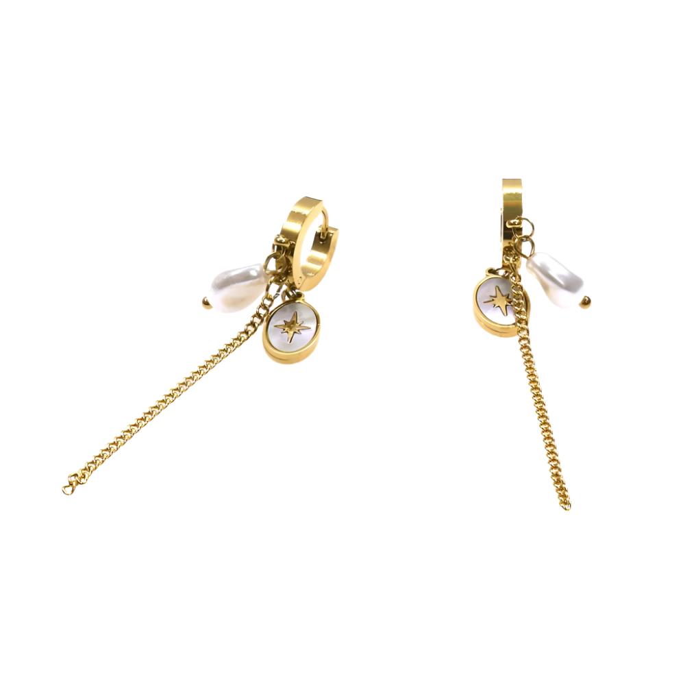 Gold Atlas earrings with long chain, pearl charm, and compass pendant