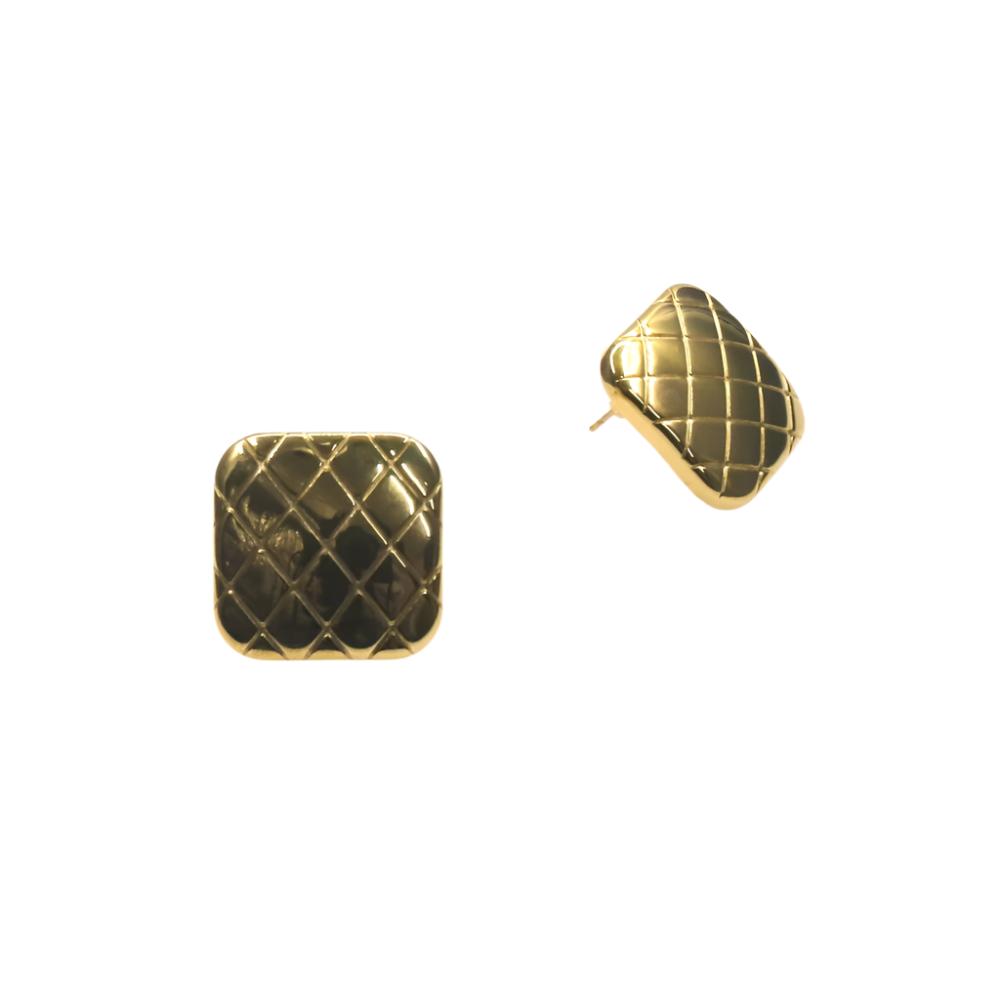 Gold-tone stainless steel square earrings with quilted pattern and modern design