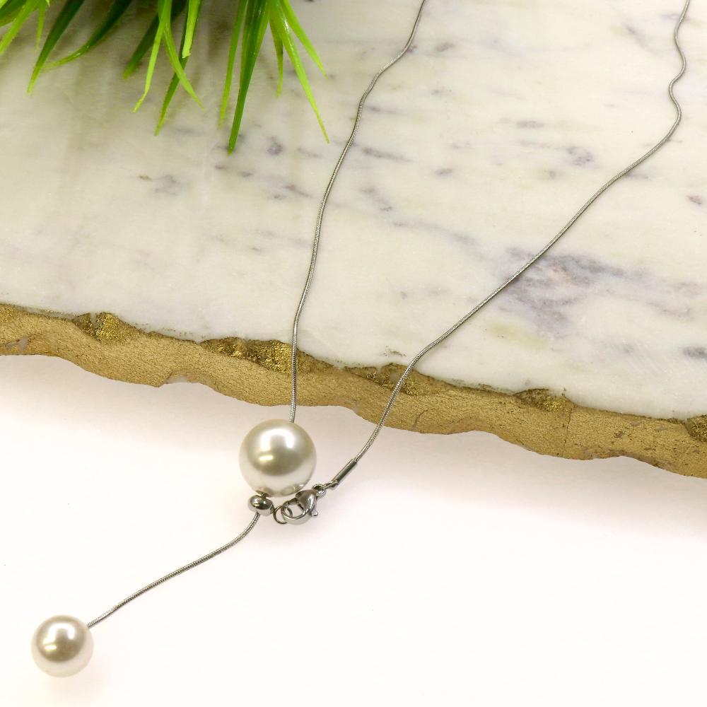 Adjustable SEA CHAIN Pearl Charms Necklace with Stainless Steel Rabbit Tail Link.
