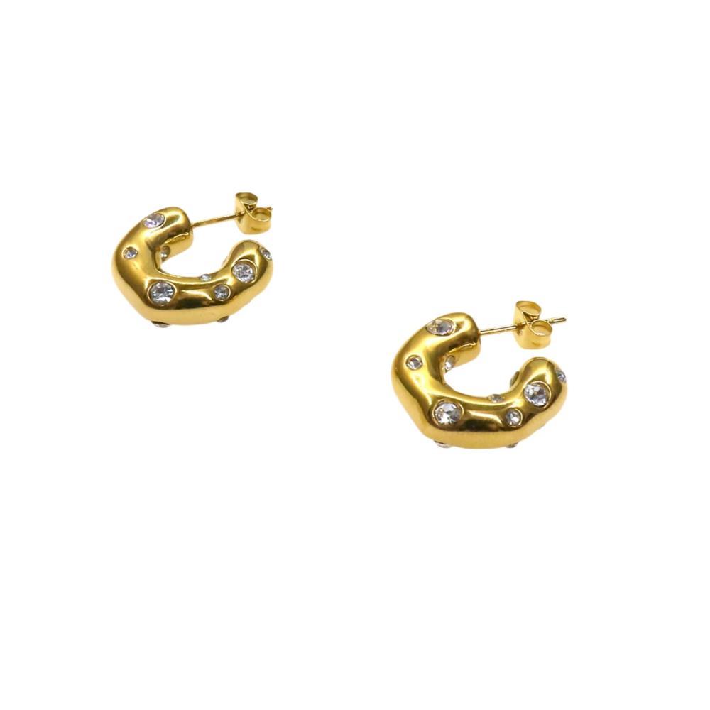 Thick GOLDEN ANNA HOOP earrings adorned with sparkling pave crystals, luxury statement jewelry.