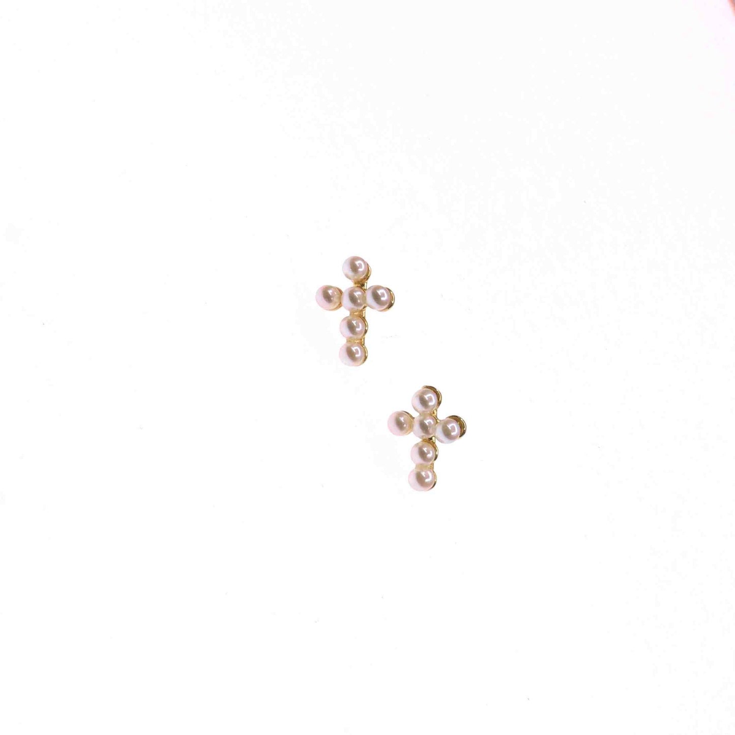 Gold-filled cross-shaped earrings adorned with lustrous pearls, PEARL CORSS design.