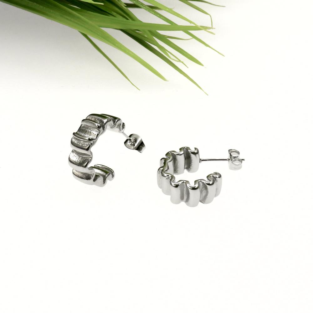 Silver stainless steel RIBBON EARRING on white background with green leaves