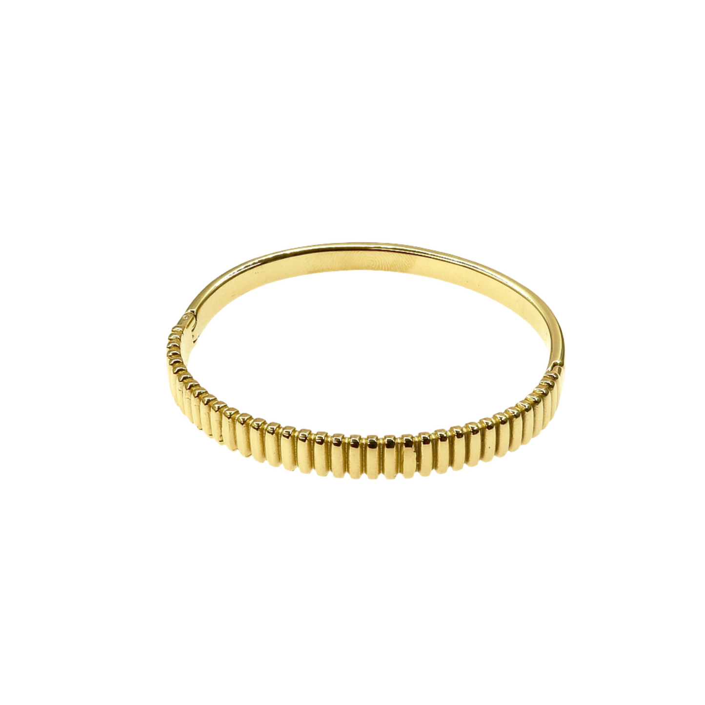 gold CORSA BANGLE with sleek modern ribbed design on white background