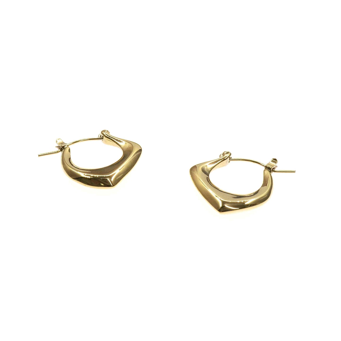 Pair of small gold stainless steel triangle hoop earrings on white background