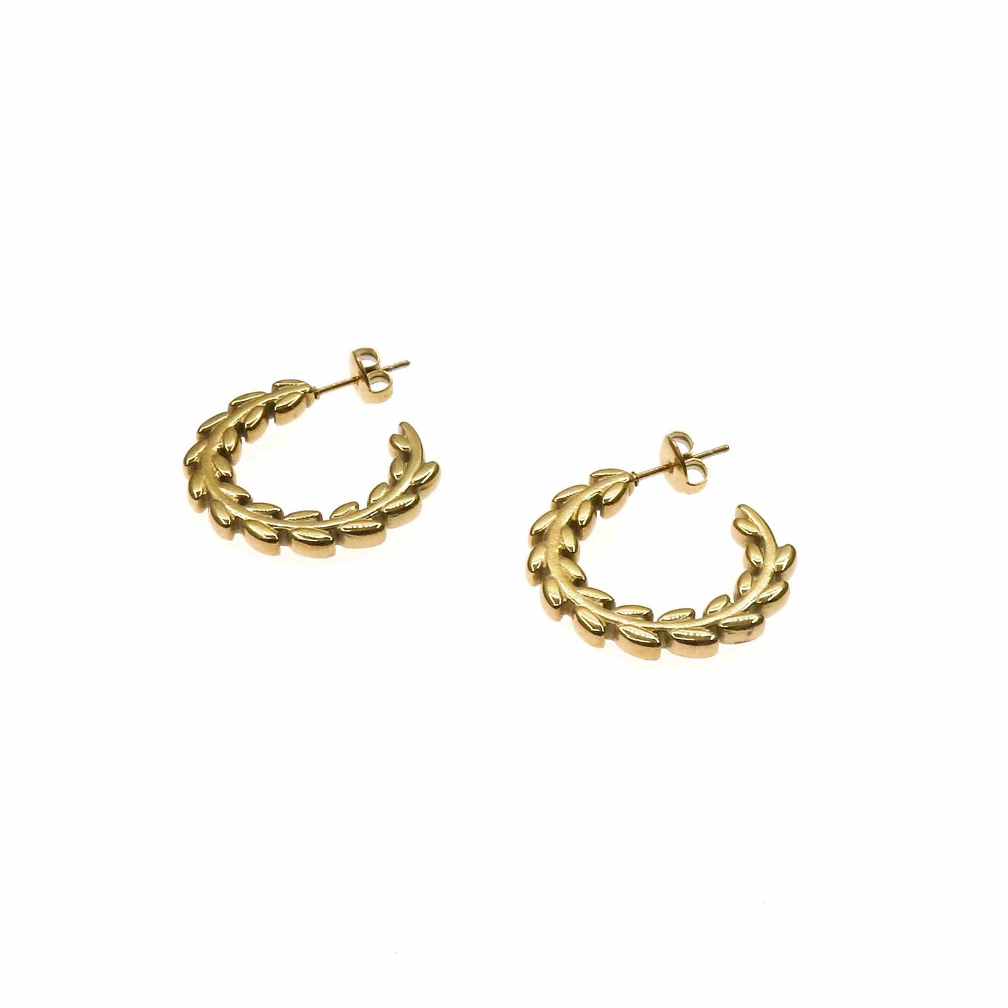 Pair of gold stainless steel leaf hoop earrings with elegant timeless design