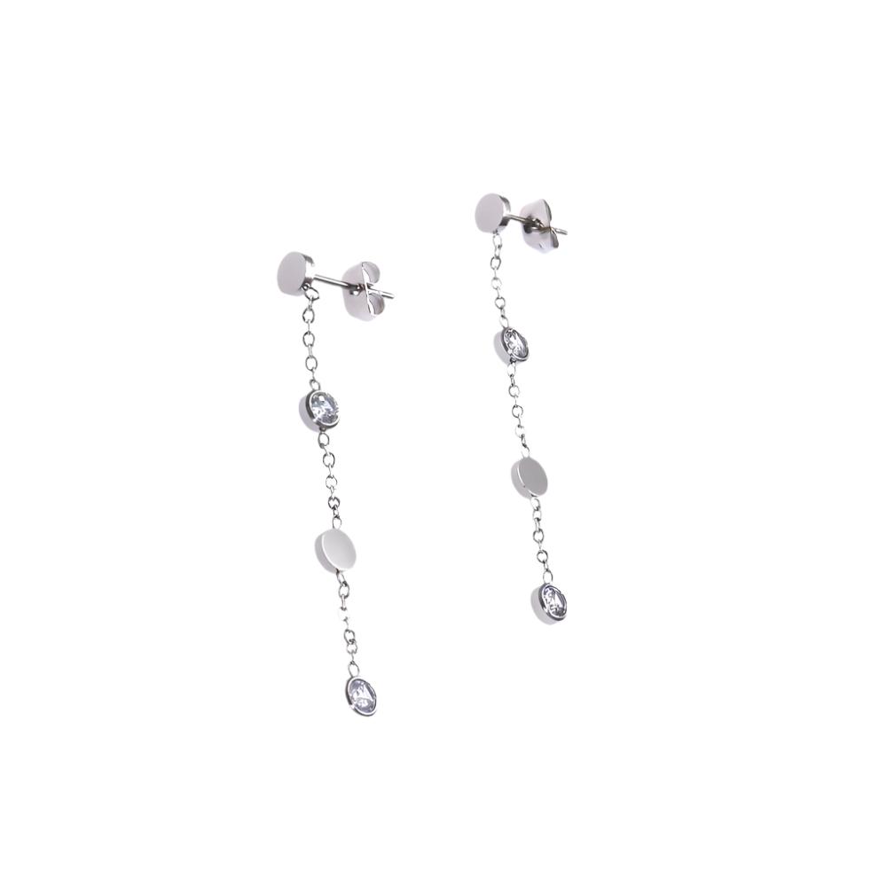 Pair of stainless steel LONG EARRING earrings with small circles and zirconia accents