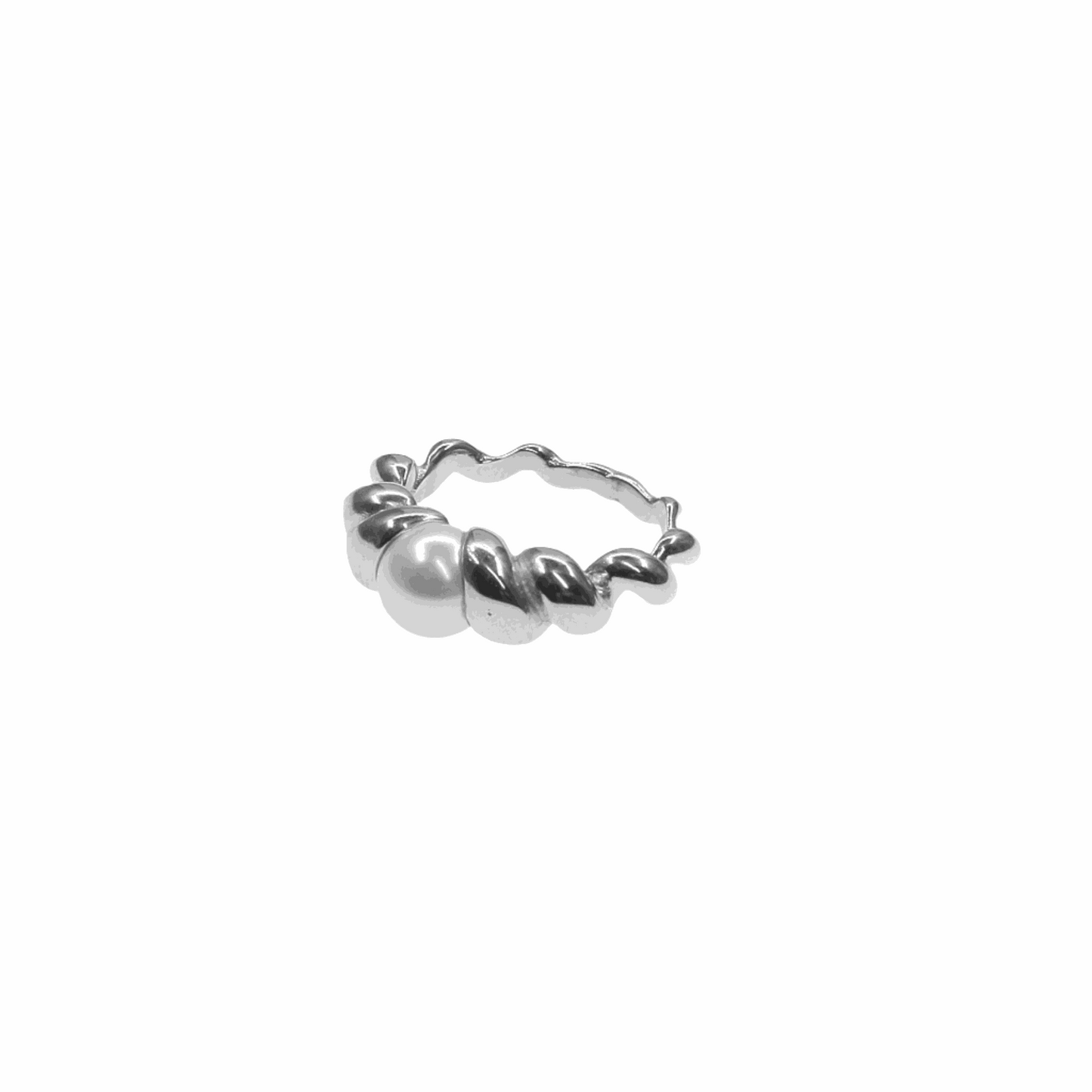 Silver twisted ring featuring a lustrous river pearl in elegant design