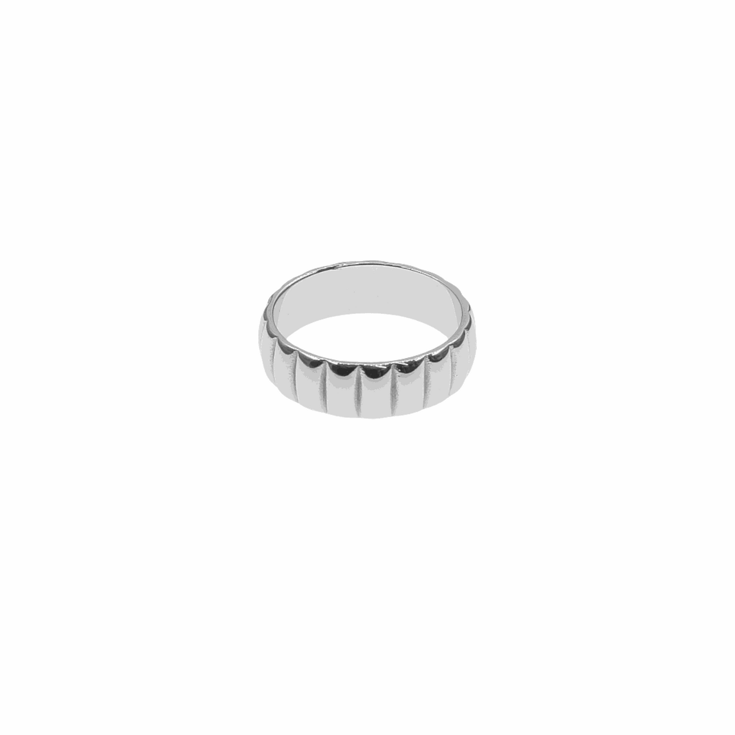 Silver steel ring with ridged design, available in sizes 6 to 9, durable and stylish accessory.