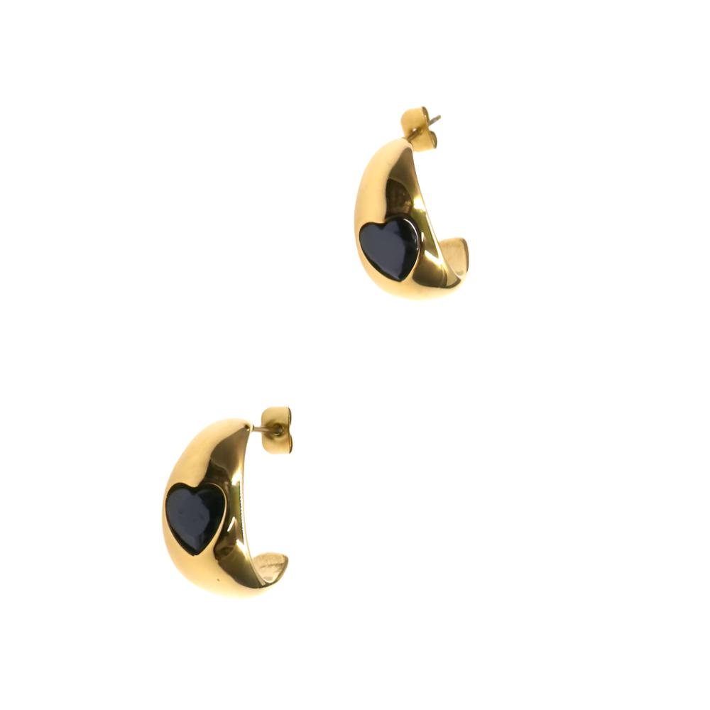 Gold stainless QUARTZ EARRING with black heart-shaped quartz stones