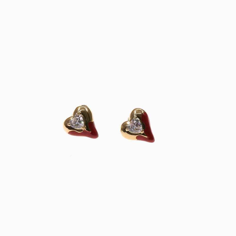 Gold heart-shaped BLOOD HEART stud earrings with red accents and central zirconia gemstone