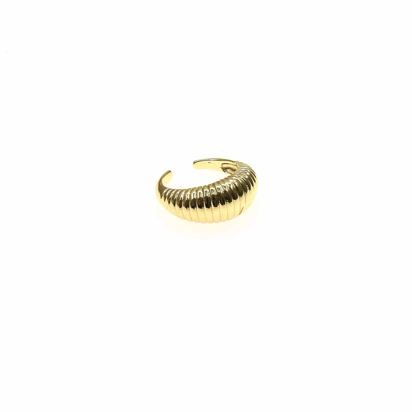 Gold croissant-shaped ring with ridged design and open adjustable band
