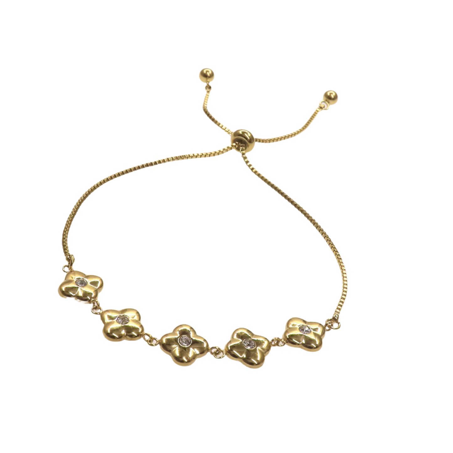 Gold clover slider bracelet with adjustable chain and small gemstones