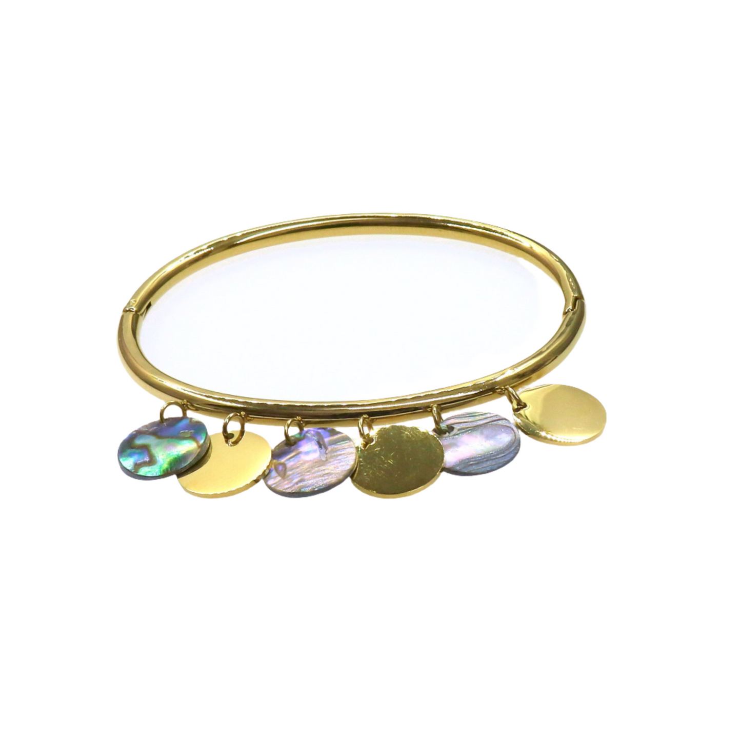 NATURAL SHELLS GOLD BANGLE bracelet with natural shell and gold round charms for elegant style