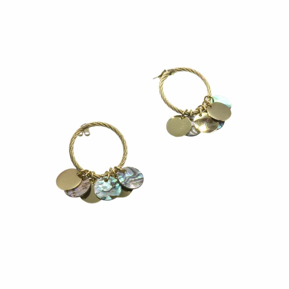 SEA SHELL CIRCLE EARRINGs with natural shell and gold-tone disc charms on twisted hoop design