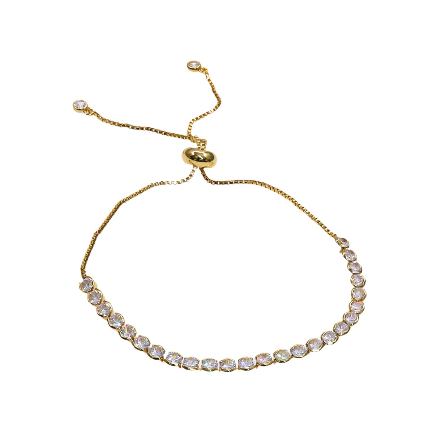 Gold tennis slider bracelet with clear sparkling stones and adjustable clasp