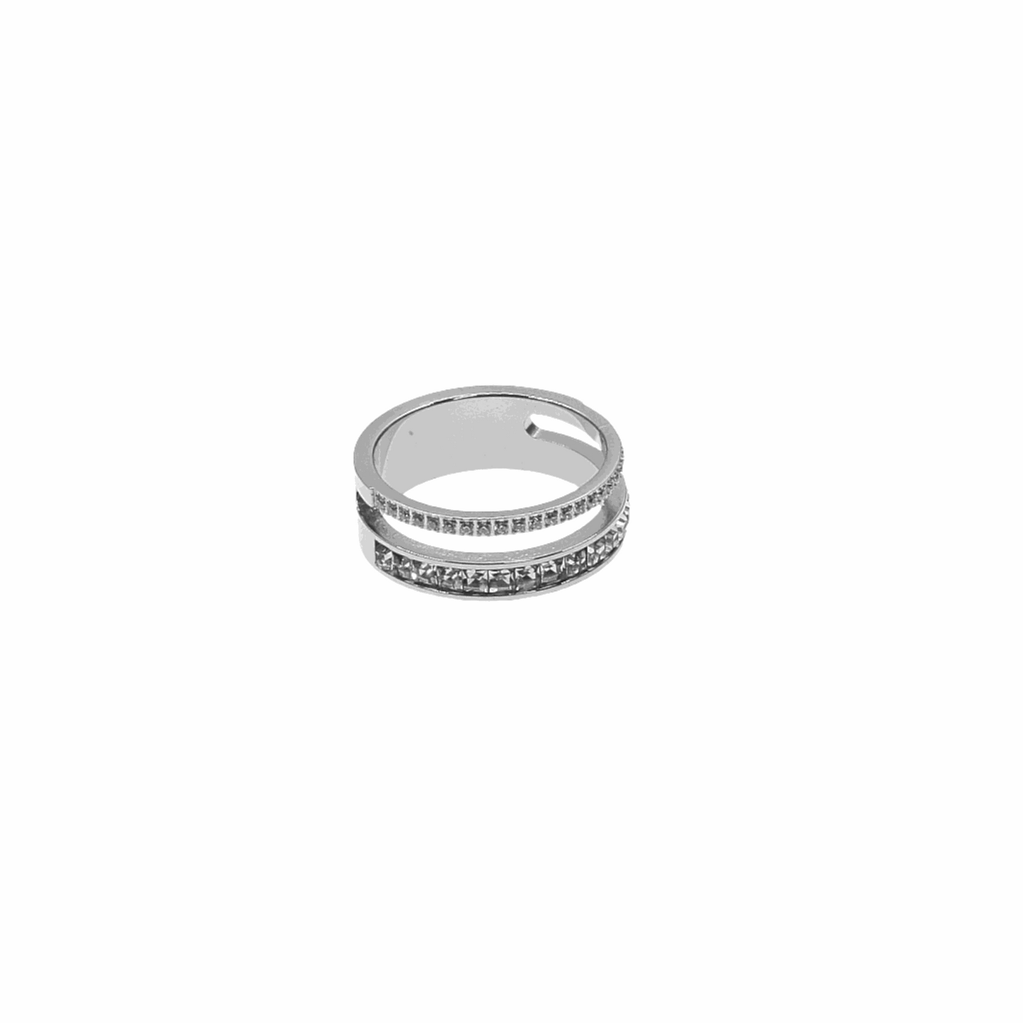 Elegant silver ring with two distinct lines featuring pave and baguette stones, part of the Alicia Gold Ring collection.
